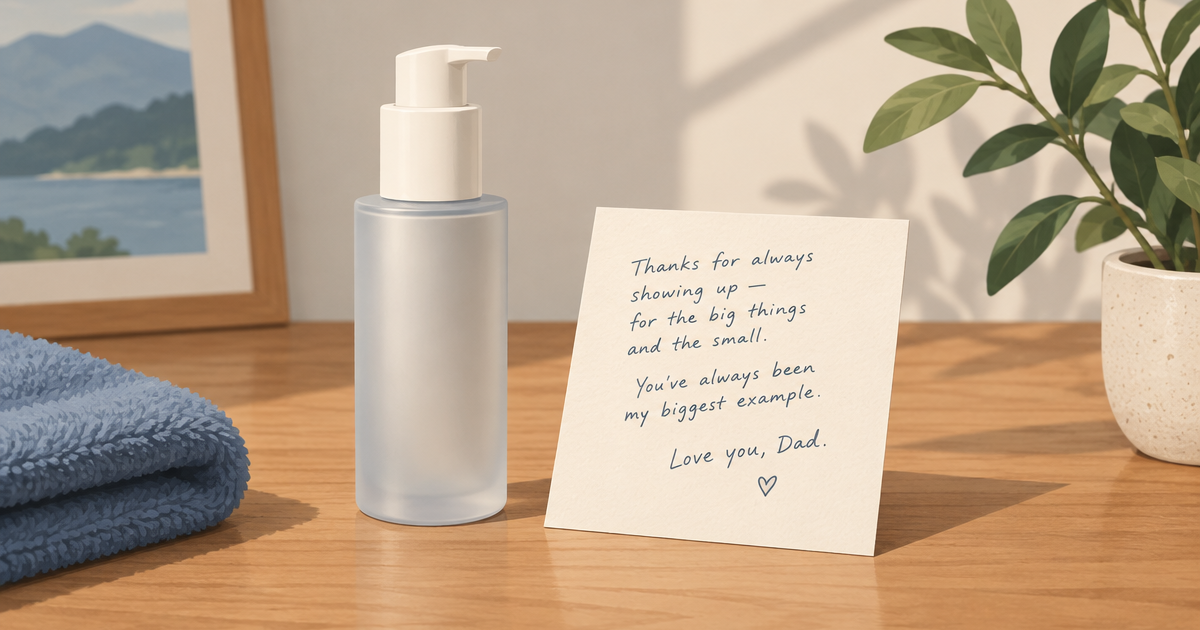 Illustration of a skincare bottle beside a handwritten-style message card.