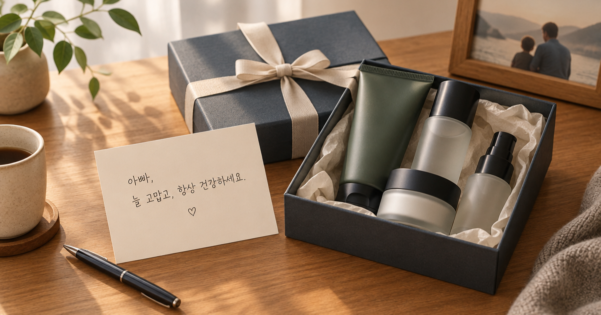 아빠에게 전할 한 줄 편지와 스킨케어 선물을 표현한 정물 이미지