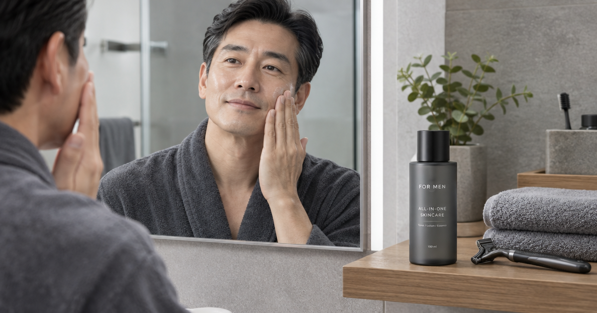 세안 후 한 병으로 관리하는 남성 스킨케어 장면